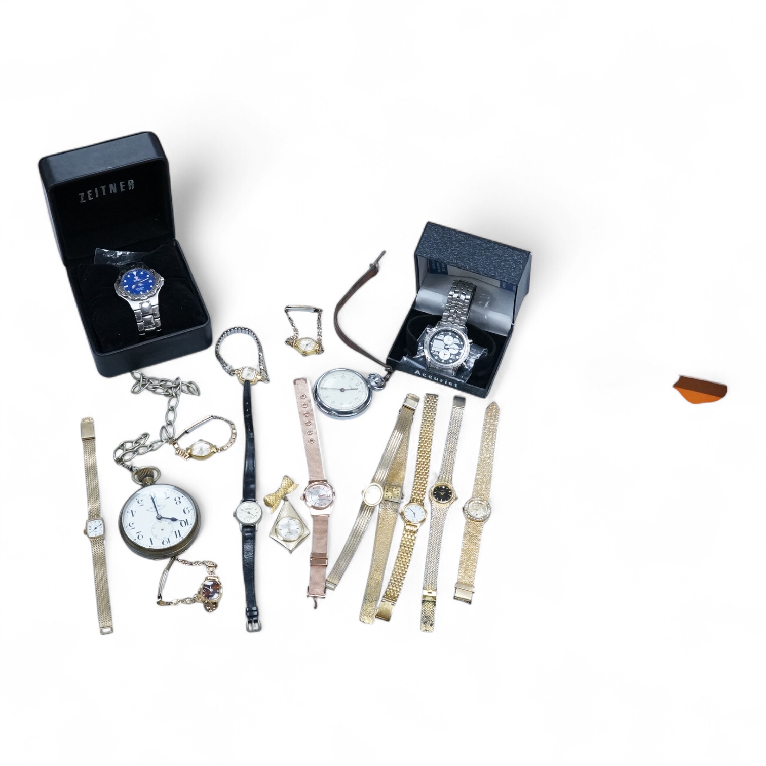 A brass cased S. Smith & Son open faced pocket watch with Roman dial, one other pocket, a quantity of assorted lady's wrist watches including Avia, Ingersoll and Timex, together with a gentleman's steel Zeitner Aqua Spor